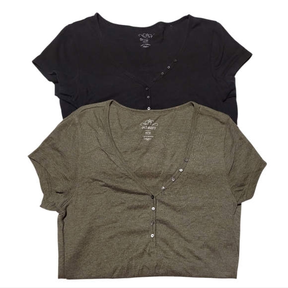 Vintage Old Navy Olive Green Black Buttoned V Neck Tees Size Medium - Picture 1 of 11